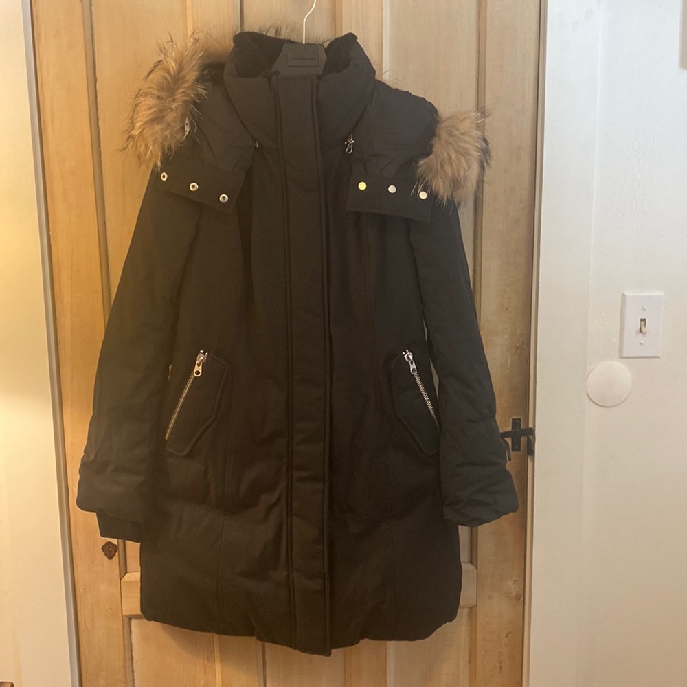 Women’s S black Mackage Kerry Coat with fur hood and leather details NWT
